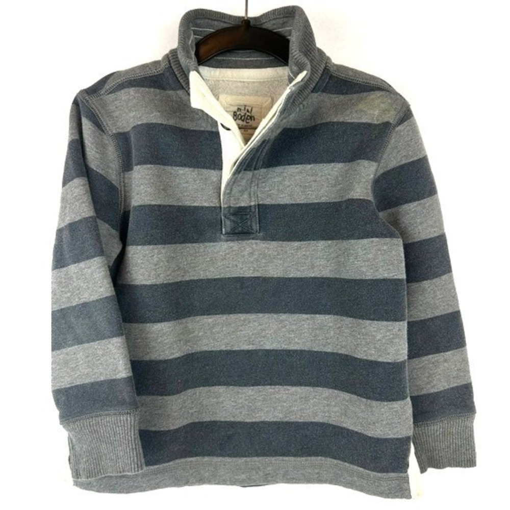 Mini Boden Sweatshirt Grey Striped Button Mock Neck Kids Size 5-6Y